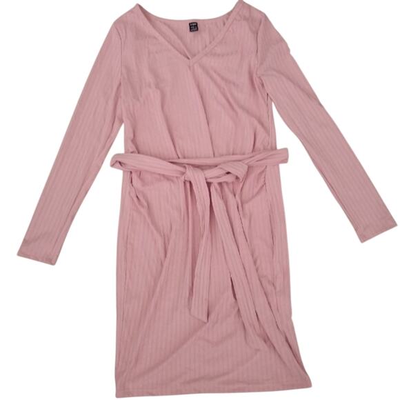 HP [B3] SHEIN Dusty Pink Solid Belted Bodycon Dress, Size Large - Picture 1 of 4